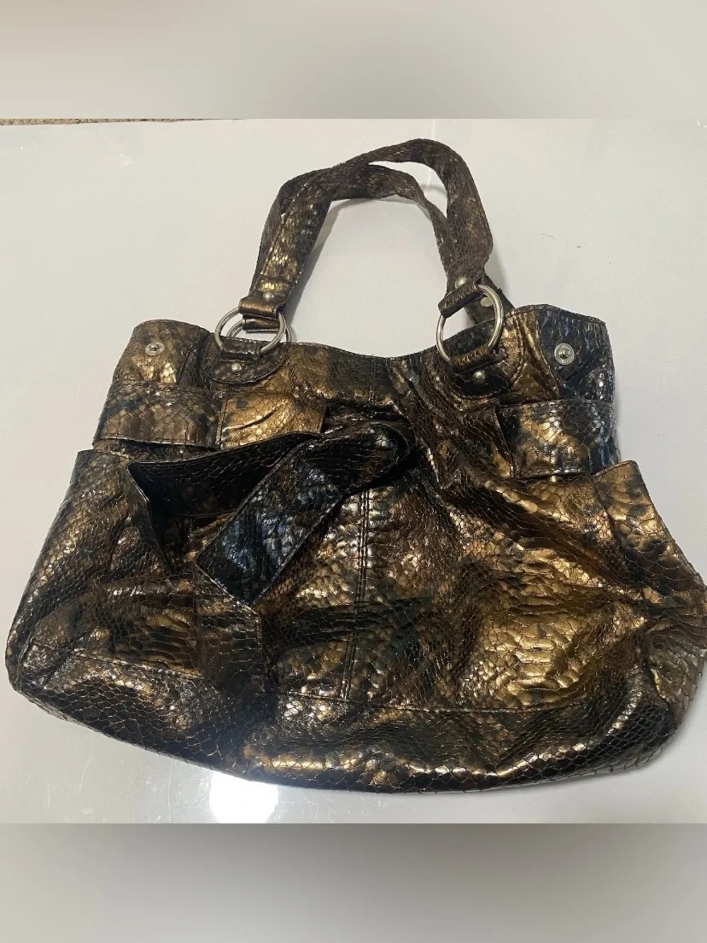 Y2K Chateau Metallic Bronze Snakeskin Print Hobo Shoulder Bag